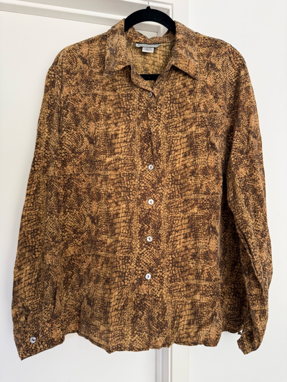 VINTAGE Notations Snake-Print Button-Up Shirt in Brown- 100% SILK